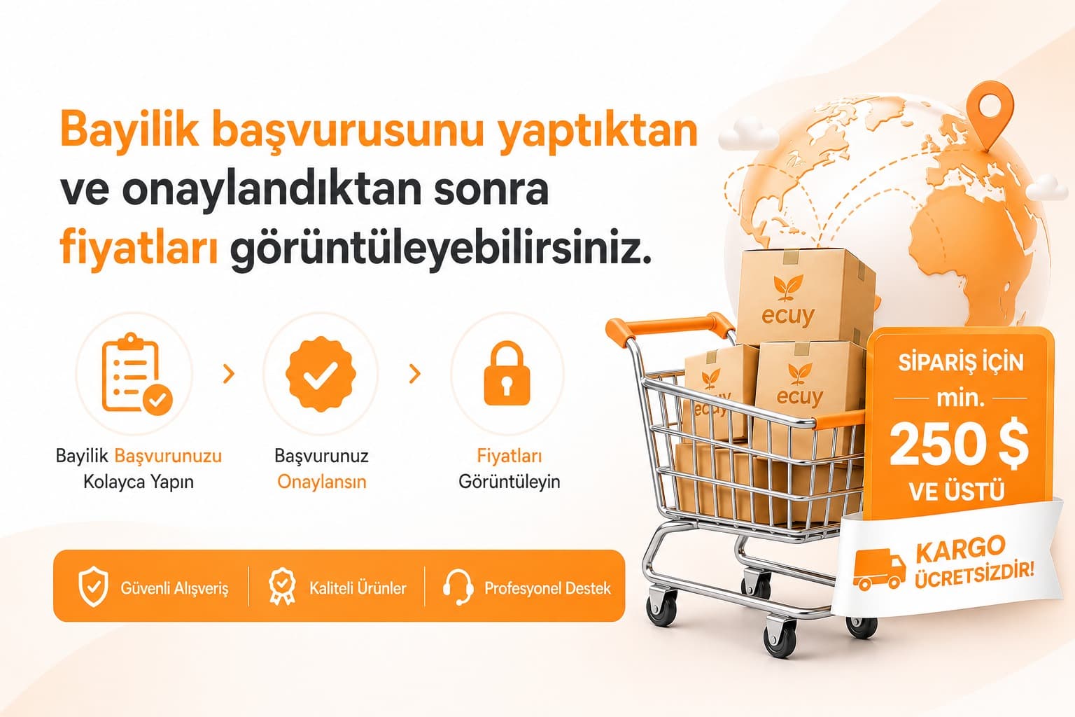 Bayilik başvurusunu yaptıktan ve onaylandıktan sonra fiyatları görüntüleyebilirsiniz. Sipariş için min. 250 $, 250 $ üstü kargo ücretsiz.